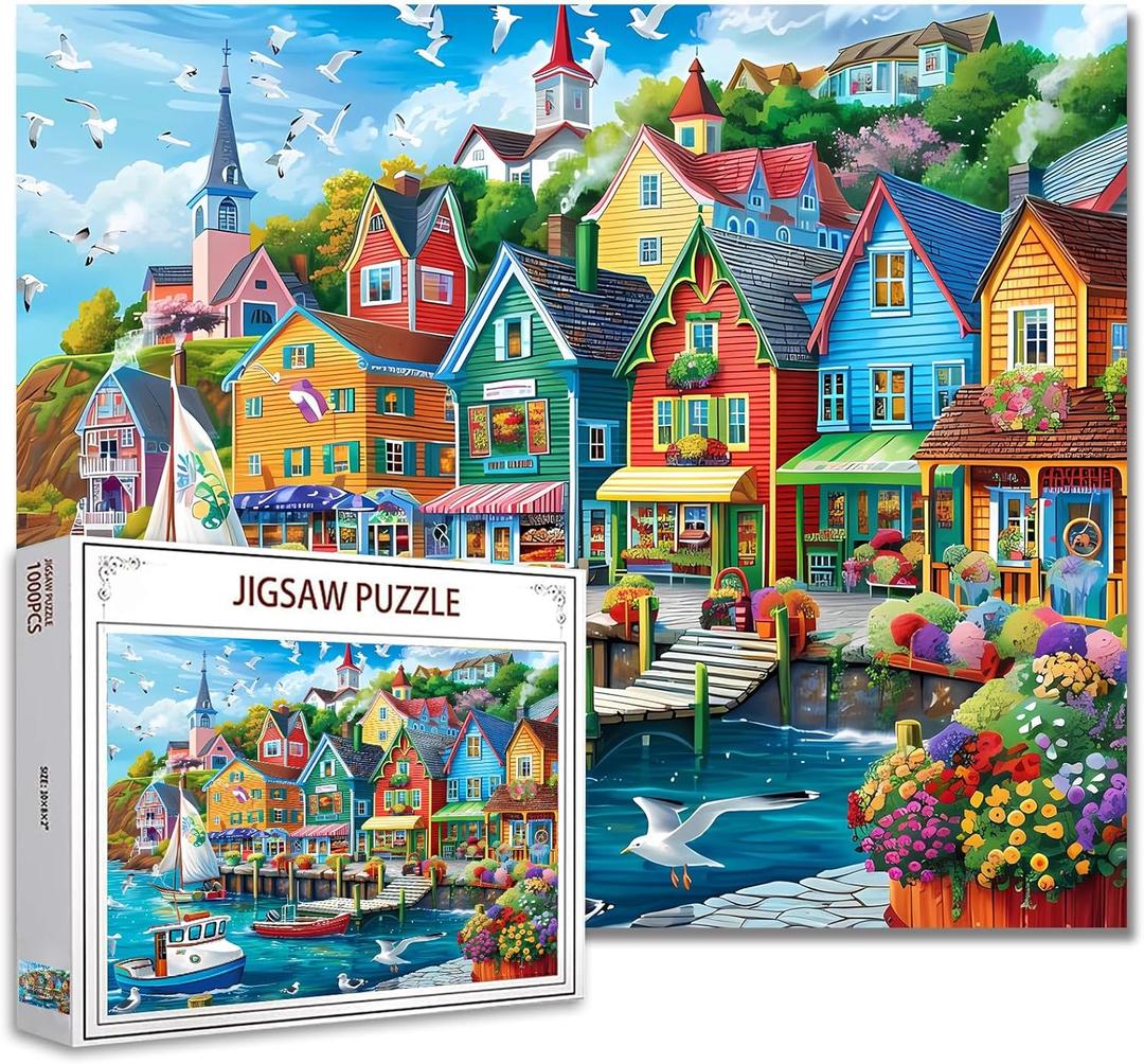 Tucocoo Jigsaw Puzzles 1000 Pieces for Adults-Colorful Seaside Town Hardboard Puzzle-Challenging Puzzle Perfect for Game Nights-DIY Home Wall Decor-Art Puzzles Colorful Coastal Town 27" x 20" (Street Scenery 03)