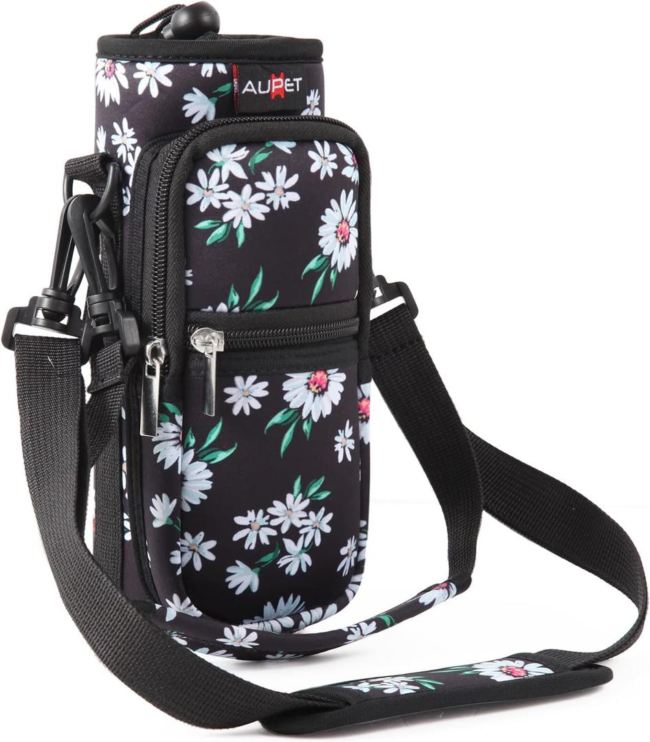 AUPET Water Bottle Sling Bag Sleeve Holder Carrier, Insulated Crossbody Water Bottle Case Cover with Strap and Pockets for Men/ Women Walking Hiking Camping, 25  Oz, White Flowers