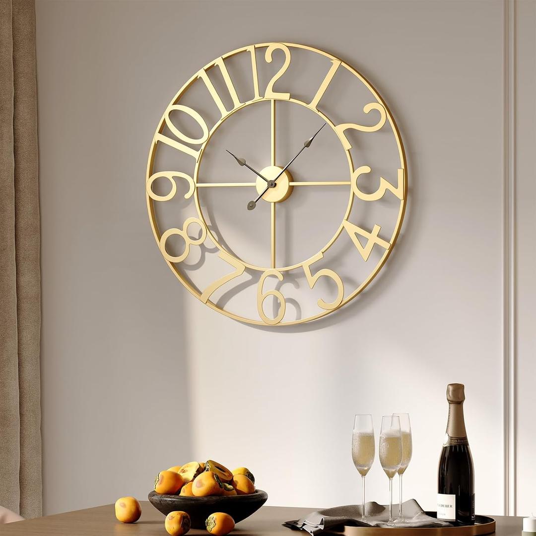 Gold Wall Clock 16 Inch, Decorative Wall Clocks Battery-Operated, Modern Metal Round Clock Silent Non Ticking Arabic Numerals for Living Room Kitchen Mantel Bedroom Office, Gold Wall Decor