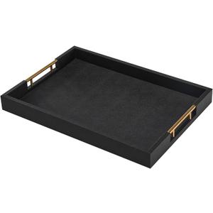 Rectangular 18×14 Inch Black Wood Ottoman Serving Tray with Metal Handles Decorative Wooden Large Faux Leather Coffee Table Organizer Tray for All Occasions Black