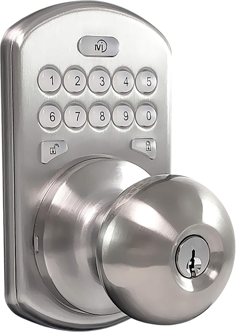 MiLocks CKK-02SN Titan Keyless Entry Door Lock - Deadbolt Smart Door Knob Handle with Backlit Electronic Keypad, Adjustable Latch and Audible Tones for Interior Front Doors & More, Satin Nickle