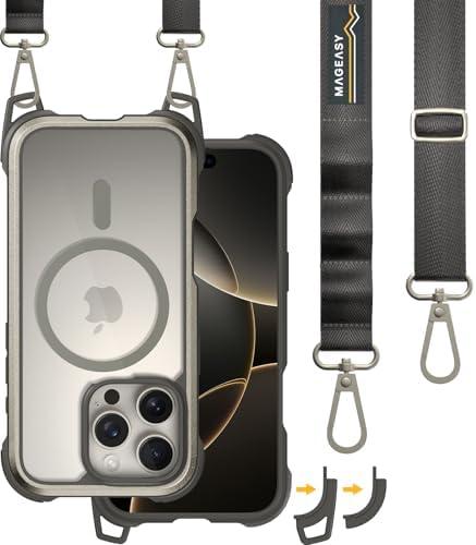 MAGEASY Designed for iPhone 16 Pro Case with Strap - 20ft Ultimate Drop Protection Compatible with MagSafe, Transformable 2-in-1 Protective & Lanyard Case, Aluminum Frame | Odyssey Strap M (Titanium)