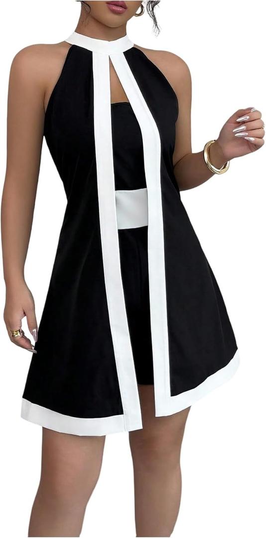 SOLY HUX Women's Color Block Halter Romper Split Front Sleeveless Elegant Short Jumpsuits (Medium, Black and White)