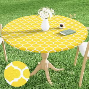 Smiry Round Picnic Tablecloth, Waterproof Elastic Fitted Table Covers for 45" - 56" Tables, Wipeable Flannel Backed Vinyl Tablecloths for Camping, Indoor, Outdoor, Yellow & White