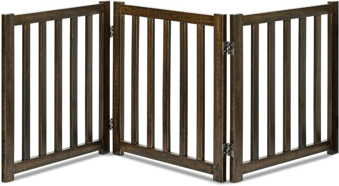 LZRS 3-Panel Wooden Free Standing Foldable Dog Gate Indoor  24" High,Step-Over Safety Pet Gate for Doorways, Stairs, Hallways, Indoor Dog Barrier for Small to Medium Dogs & Puppies, Walnut