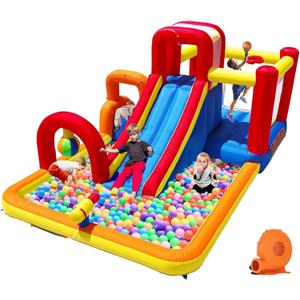 Inflatable Bounce House Obstacle Course with Wet or Dry Slide, Ball Pool, Climbing Wall, Boxing Ball, Small Climb&Slide  Backyard & Indoor Bouncy Castle for Kids 3-8