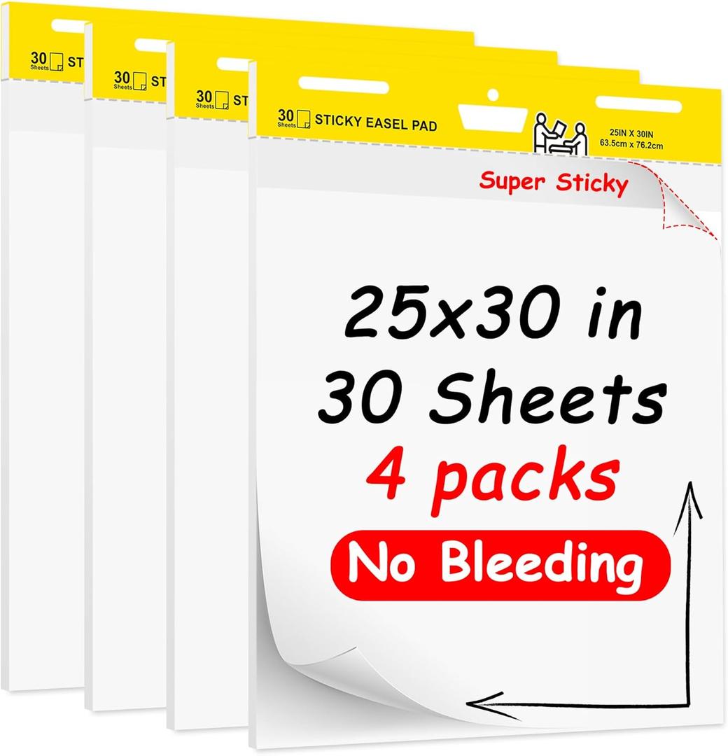Super Sticky Easel Pad,25 in x 30 in Self Stick Flip Chart Paper,30 Sheets/Pad,4 Pad/Pack,Large White Premium Anchor Chart Paper,Easel Paper for Teachers,Businessmen,Office Workers