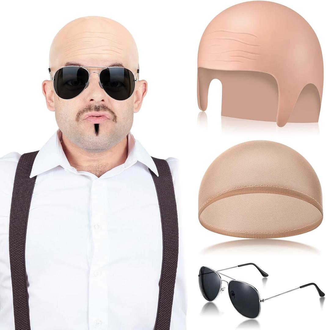 Mepase Bald Caps with Glasses Nylon Makeup Latex Bald Head Wig Cap for Men Women Adults Cosplay Party Costume Accessories (Beige)