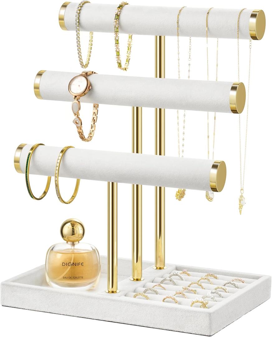 3 Tier Bracelet Holder Display - Detachable T Bar White Velvet Bracelet Holder, Jewelry Holder Organizer for Bracelet, Necklace, Watches, Rings (Large)