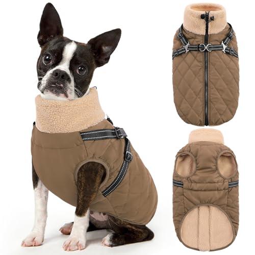 Queenmore Dog Jackets for Large Dogs, Dog Coat with Harness Built-in, Thick Fleece Lining Waterproof Jacket for Large Breeds, Back Zipper Pet Winter Jacket for Retriever, Labrador, Brown L