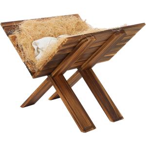 Jumbo Large Jesus in Wooden Manger Religious Christmas Decorations Manger 31.5 Inch Nativity Scene Nativity Cradle Backdrop Accessory for Indoor Outdoor Home Decor