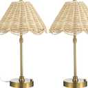 Retisee 2 Pack Rattan Table Lamps with Scalloped Lampshade Adjustable Lighting Bohemian Wicker Woven Lamp for Bedside Bedroom Home Office Restaurant Dining Table Decor