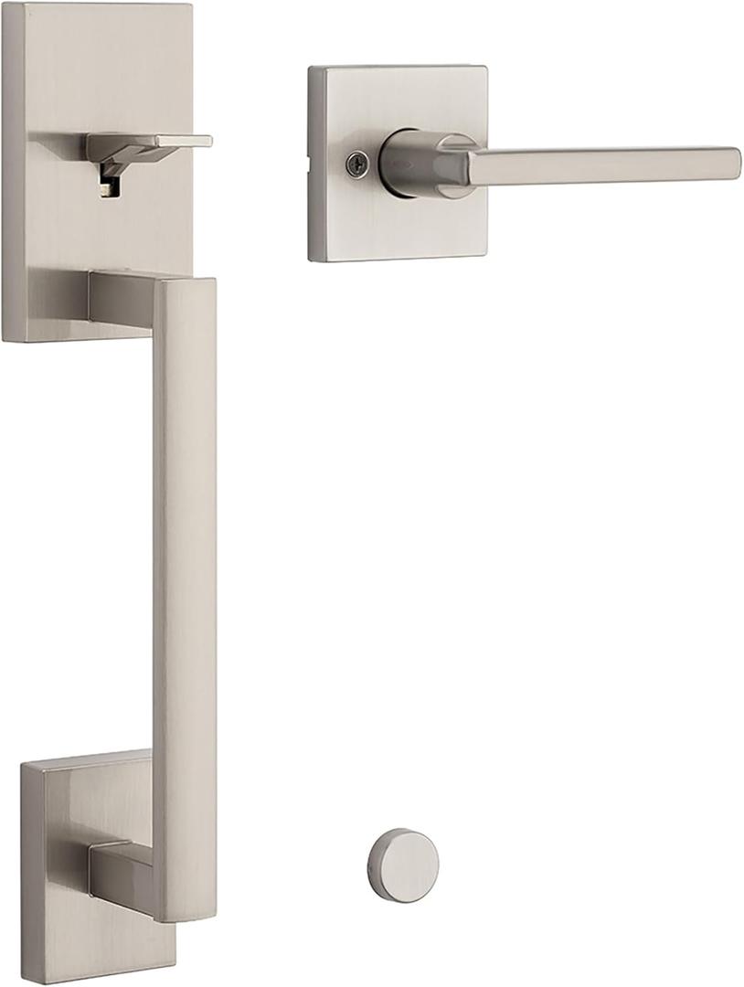 Kwikset San Clemente Front Door Handle No Lock, Entry Handleset Exterior with Interior Reversible Handed Lever, Non-Locking, Satin Nickel, Deadbolt Not Included, with Microban Protection ((Pack of 1))