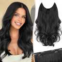 KooKaStyle Invisible Wire Hair Extensions Long Wavy Layered Synthetic Hair Extensions with Transparent Wire Adjustable Size 6 Secure Clips Black Hairpieces for Women 16 Inch