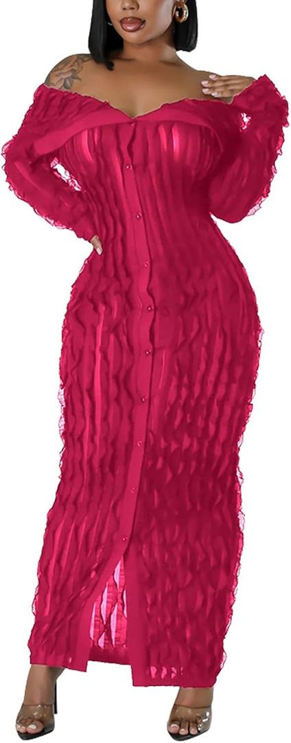 LETSVDO Women's Maxi Off Shoulder Dress Long Sleeve Button Down Ruffle Mesh Bodycon Sexy Dresses Stretchy (Pink, XL)