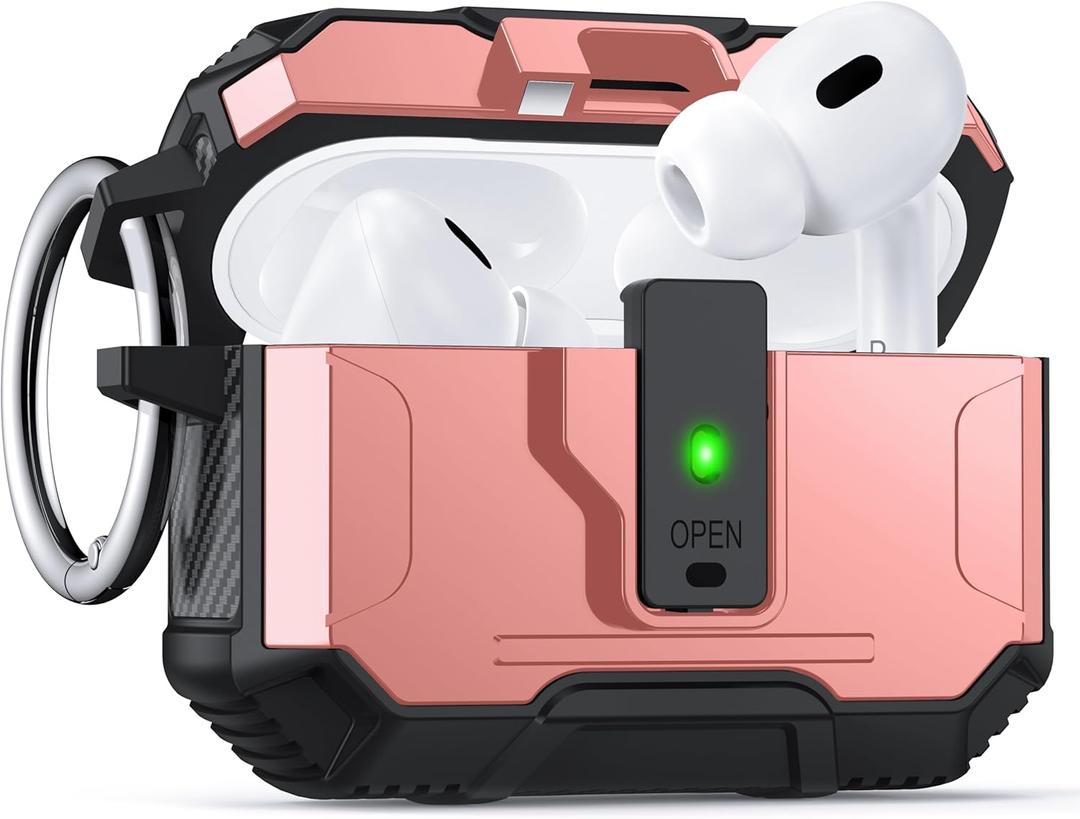 for AirPods Pro 2 Case Cover [Safety Lock] [Magnetic One-Click Open] [Military Shockproof Armor] Double Rugged Outdoor Wireless Charging Case for AirPods Pro 2nd Generation with Keychain, Pink