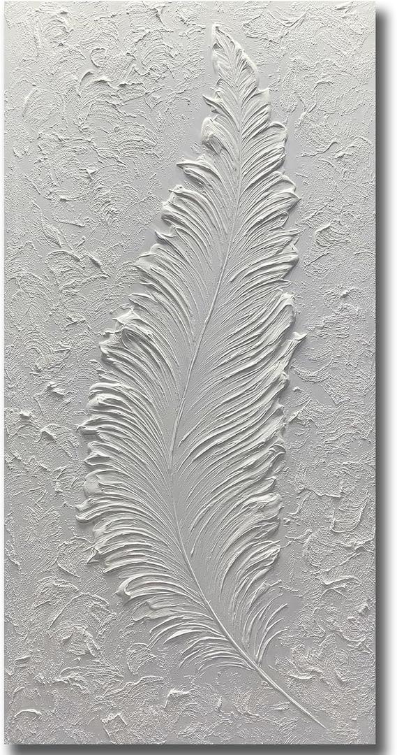 Boiee Art,24x48Inch Handmade Wrapped Canvas Paintings Pure White Textured Feather Wall Art Minimalist Style Vertical Contemporary Artwork Framed Art Wall Decor