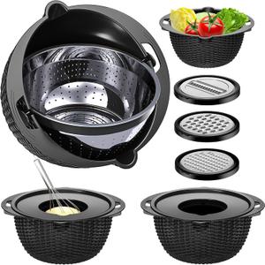 4-1 Colander with Bowl Set - Pasta Strainer - Colander for Kitchen - Strainers and Colanders Rice Strainer Fruit Cleaner Veggie Wash Sink Strainer Kitchen Essentials - Black