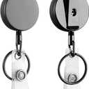 Will Well ID Badge Holder Reel with Clip and Keyring - Heavy-Duty All-Metal Casing with 27.5" UHMWPE Fiber Pull Cord for Durability and Easy Access, Holds up to 8 Keys - 2-Pack, Round, Glossy Black