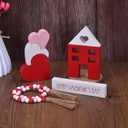 Valentine's Day Tiered Tray Decor, 6-Piece Wooden Heart & House Table Decorations for Valentines Day with Wood Bead Garland with Tassel, Happy Valentine's Day Decor for the Home Mantels (3 colors)