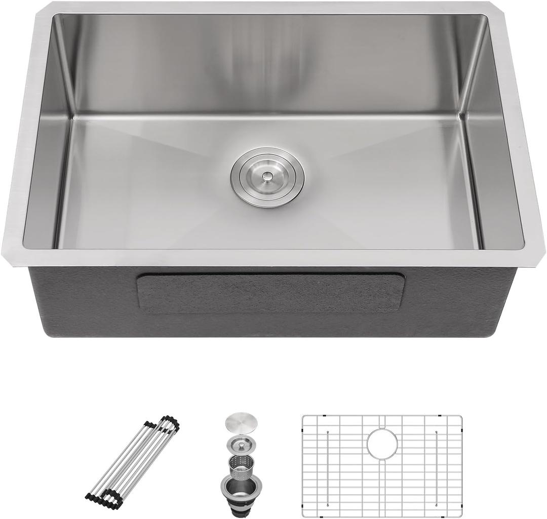 Sarlai 26 Inch Undermount Kitchen Sink- 26x18 Inch Undermount Stainless Steel16 Gauge Single Bowl Under Counter Kitchen Sink Round Corner Basin, 26"x18"x10"
