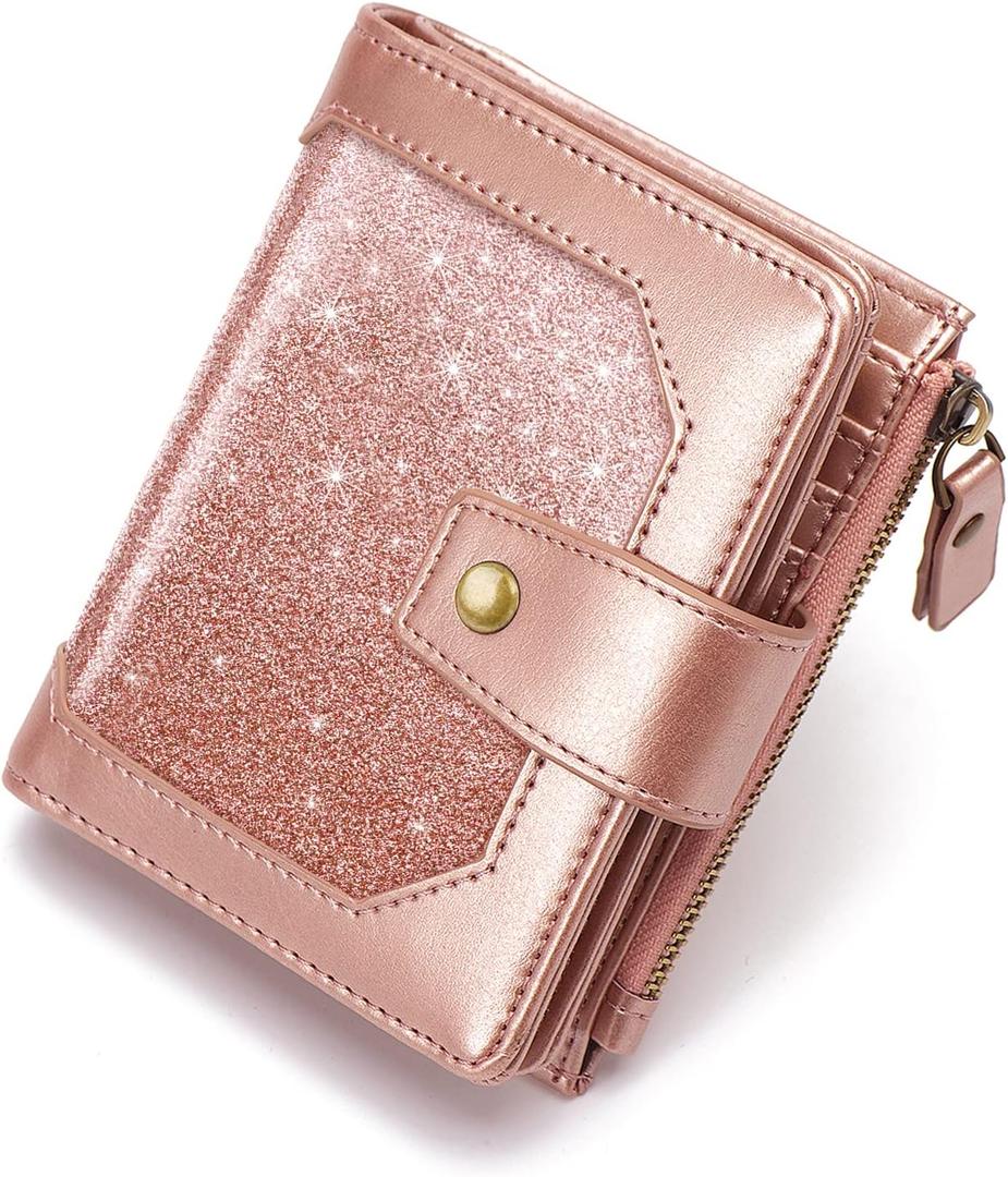 Small Glitter Women Wallet,Bifold Purse RFID Blocking Credit Card Holder Wallet with Zipper Pocket,Rose Gold Glitter