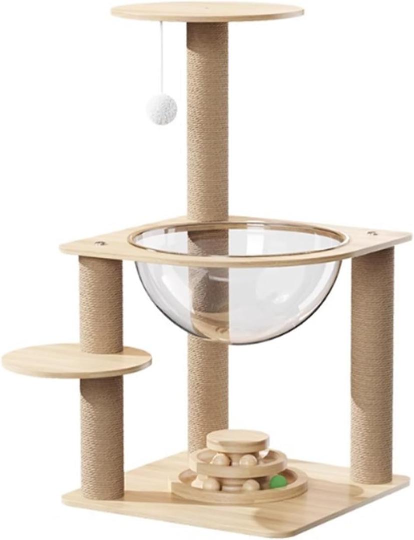 24.7in Large Cat Tree for Indoor Cats, Cat Tower with Sisal Scratching Posts, Cat Activity Center with Cat House, Interactive Teaser Balls, Sturdy Wood Cat Climbing Tower for Kittens&Adult Cats, Beige