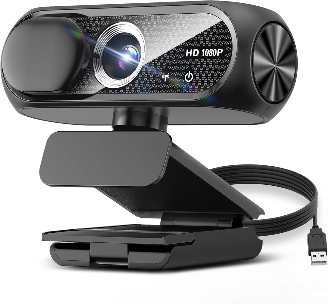 1080P HD Webcam with Microphone, Noise Cancellation, Privacy Cover, Wide-Angle Lens, Auto Light Correction, Plug & Play USB Webcam for Laptop, Desktop, PC, Mac, Zoom, Skype, Streaming (Black)