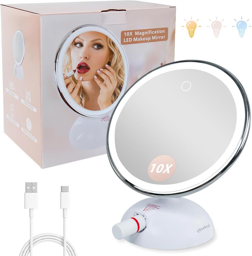 10X Magnifying Mirror with Light, Wall Mounted Vanity Mirror with Suction Cup, Portable Travel Makeup Mirror with Smart Touch Control, 3 Color Modes, Adjustable Brightness for Bathroom, Dorm