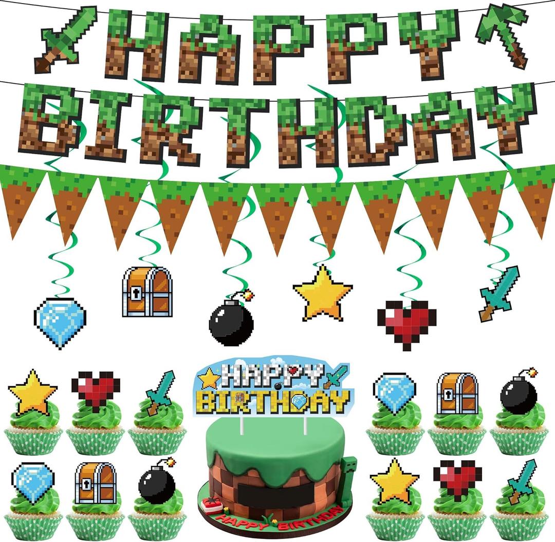 Birthday Party Supplies,Anime Theme Style Party Decorations Include Happy Birthday Banner,Pennant Banner,Cake Toppers,Cupcake Toppers and Hanging Swril
