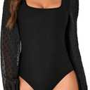Vrtige Women's Sexy Square Neck Swiss Dots Sheer Mesh Long Sleeve Leotard Bodysuit (Medium, Black)
