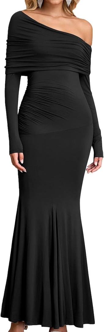 GLNEGE Off The Shoulder Fall Wedding Guest Formal Dress Long Sleeve Ruched Bodycon Maxi Cocktail Party Dresses for Women (Black, S)