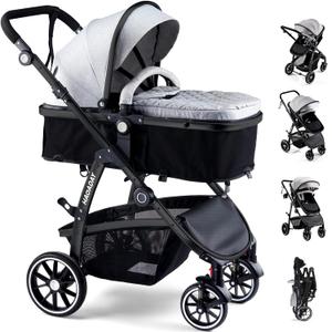 Baby Stroller, 2-in-1 Reversible ToddlerSeat with Lie-Flat Mode, Foldable Infant Stroller with Canopy, One Button Brake, Adjustable Handle, Newborn Pushchair (Gray B)