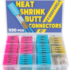 330PCS haisstronica Heat Shrink Butt Connectors-Marine Grade Waterproof Electrical Crimp Wire Connectors Kit-Tinned Red Copper Insulated, for Boat, Truck, Stereo, Joint(4Colors/ 4Sizes)