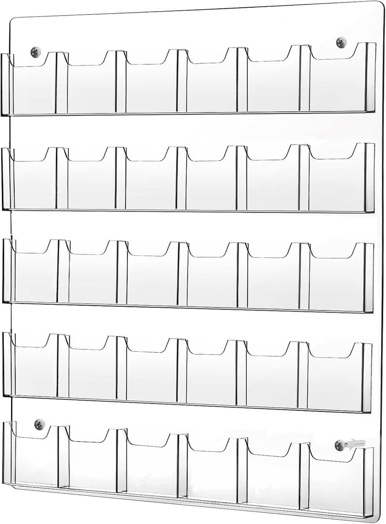 Acrylic Brochure Pamphlet Holder - Clear Display Stand with Multi Slot Rack, Wall Mount Pocket for Literature Menu Document Flyer Advertise Supplies (30 Pockets)