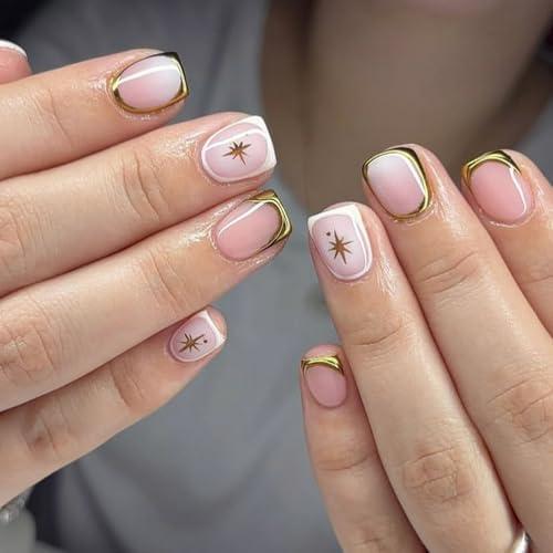 Short Nails Press on Square French Tip Fake Nails Gold Curve Line Petite False Nails with Stars Designs Cute Acrylic Nails Full Cover Glossy Glue on Nails for Women Girls 24Pcs