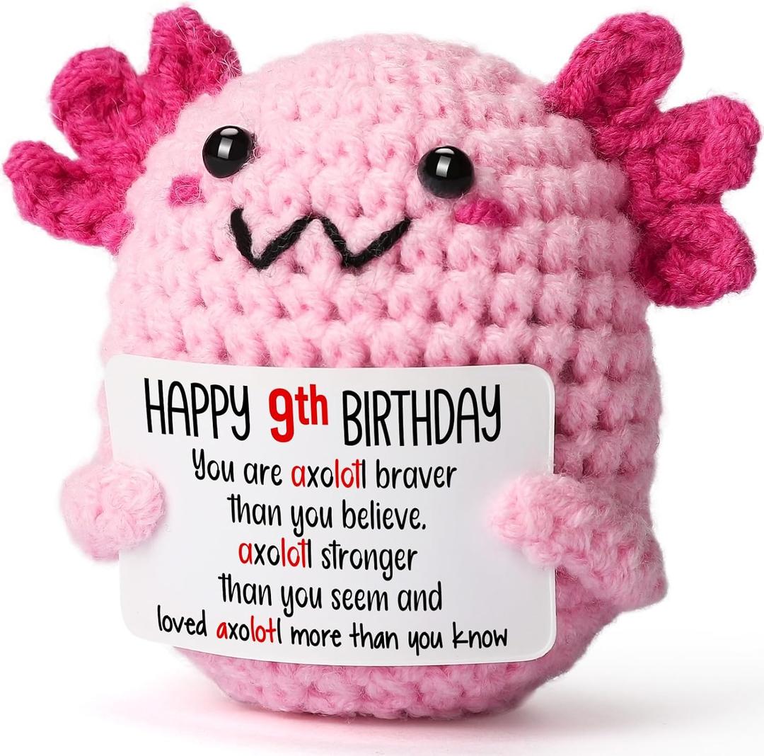 9 Year Old Girl Birthday Gift Ideas, Mini Crochet Axolotl Plush for 9th Birthday Gift for Girls, 9th Pink Decorations, 9 YO Presents Axolotl Toy, 3.15-3.94 inches