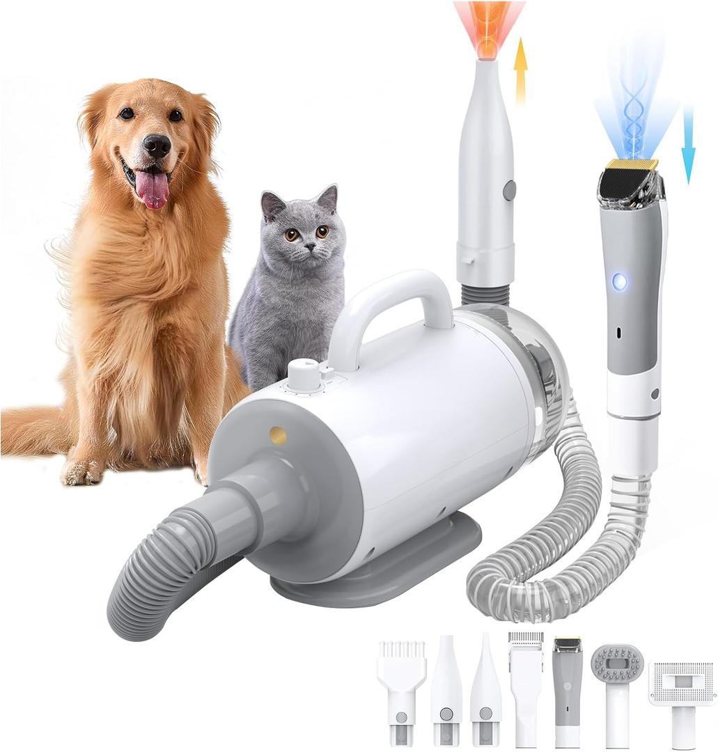 Dog Grooming Vacuum & Blow Dryer : 16000Pa Hair Suction, Dog Clipper, High Velocity Dog Blower with Heater, 8 Pet Grooming Vacuum kit, Gray