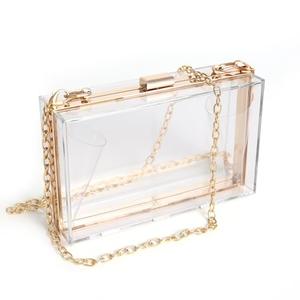WJCD Women Clear Purse Acrylic Box Clutch Handbag, Small Transparent Crossbody Evening Bag Stadium Approved Gold Chain Strap (Gold)
