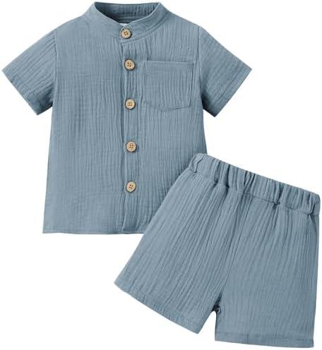 NARPLO Toddler Boy Clothes Summer Baby Boy Clothes Outfits Short Sleeve Button-Down T-Shirt Tops + Shorts Set with Pockets.120