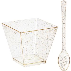 200 Pack Gold Glitter Square Dessert Cups with Spoons, 100 Disposable Mini Dessert Shooter Cups with 100 Spoons for Party Events, Appetizers, Tasting Party, Snacks, Parfait (2 oz)