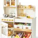 Tiny Land Wooden Play Kitchen for Kids  Enhanced Storage with Cabinets & Bins, Modern Toddler Kitchen Playset with Stove, Sink & Accessories (Cream)