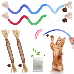 Cat Toys Chew Rope & Silvervine Sticks for Bored Indoor Adult Cats, 4Pcs Interactive Catnip Toys for Cats with Refillable Natural Catnip Bag for Teeth Cleaning (2+2PCS)