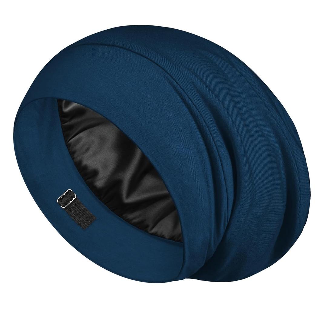 LULUSILK Mulberry Silk Lined Sleep Cap, No More Frizzy Tangled Hair, Stay On All Night Silk Hair Wrap for Sleeping with Adjustable Strap, Silk Bonnet for Women and Men, Bijou Blue, Pack of 1