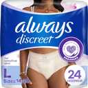 Always Discreet for Sensitive Skin Underwear, Four Times Skin Protection, Dermatologically Tested, FragranceFree, Maximum Absorbency, Large, 24 Count