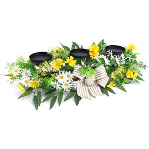 Spring Floral Centerpiece with 3 Metal Pillar Candle Holders – Artificial Daisy Arrangement with Greenery & Stripe Bow for Dining Table, Weddings, Easter, Home & Office Décor, Housewarming Gift