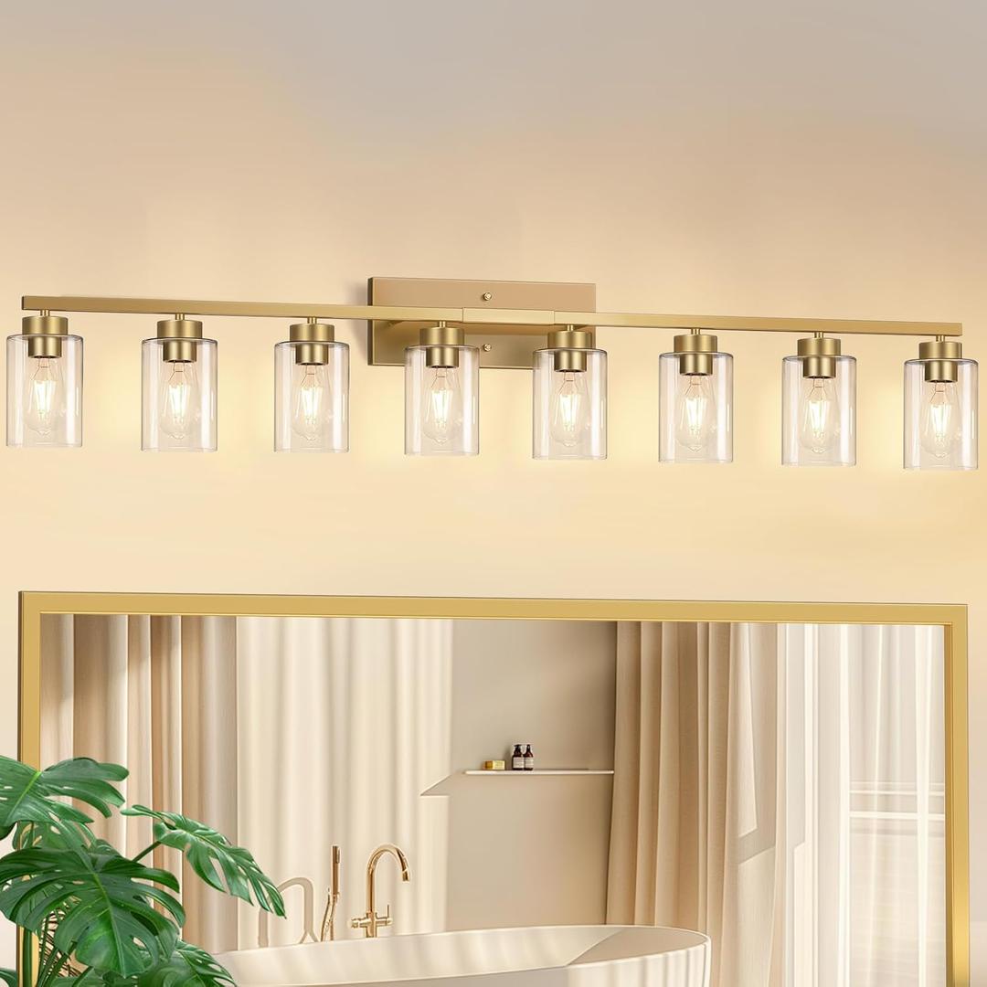 IZORRO Bathroom Light Fixtures, Modern Vanity Lights, Bathroom Lighting Fixtures Over Mirror with Clear Glass Shade, Wall Sconce for Living Room Cabinet Bedroom (Brushed Gold, 8-Light)