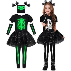 AOTHSO Halloween Girls Glow In The Dark Skeleton Costume Tutu Onesie Dress Sleeves Leggings Face Cover Hair Clips for Kids (XX-Large, Black)