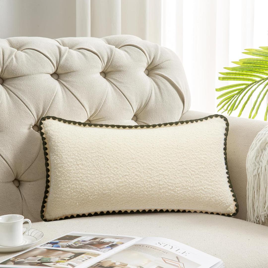 3 x ORTIGIA Farmhouse Lumber Pillow Covers Decorative 12x20 Textured Pillowcaes with Scalloped Edge Pillow Case for Couch Sofa Bed Cushion Living Room Green