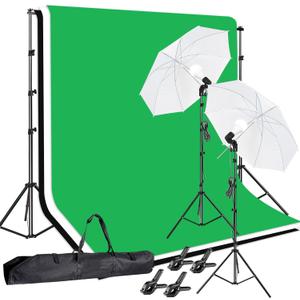Photo Video Studio 10 x 8.5ft Stand with Muslin Backdrop (Green/White/Black) & 85W 5500K Led Bulb & Umbrella Lighting Kit Photography Background Support System Kit,Clamp, Carry Bag